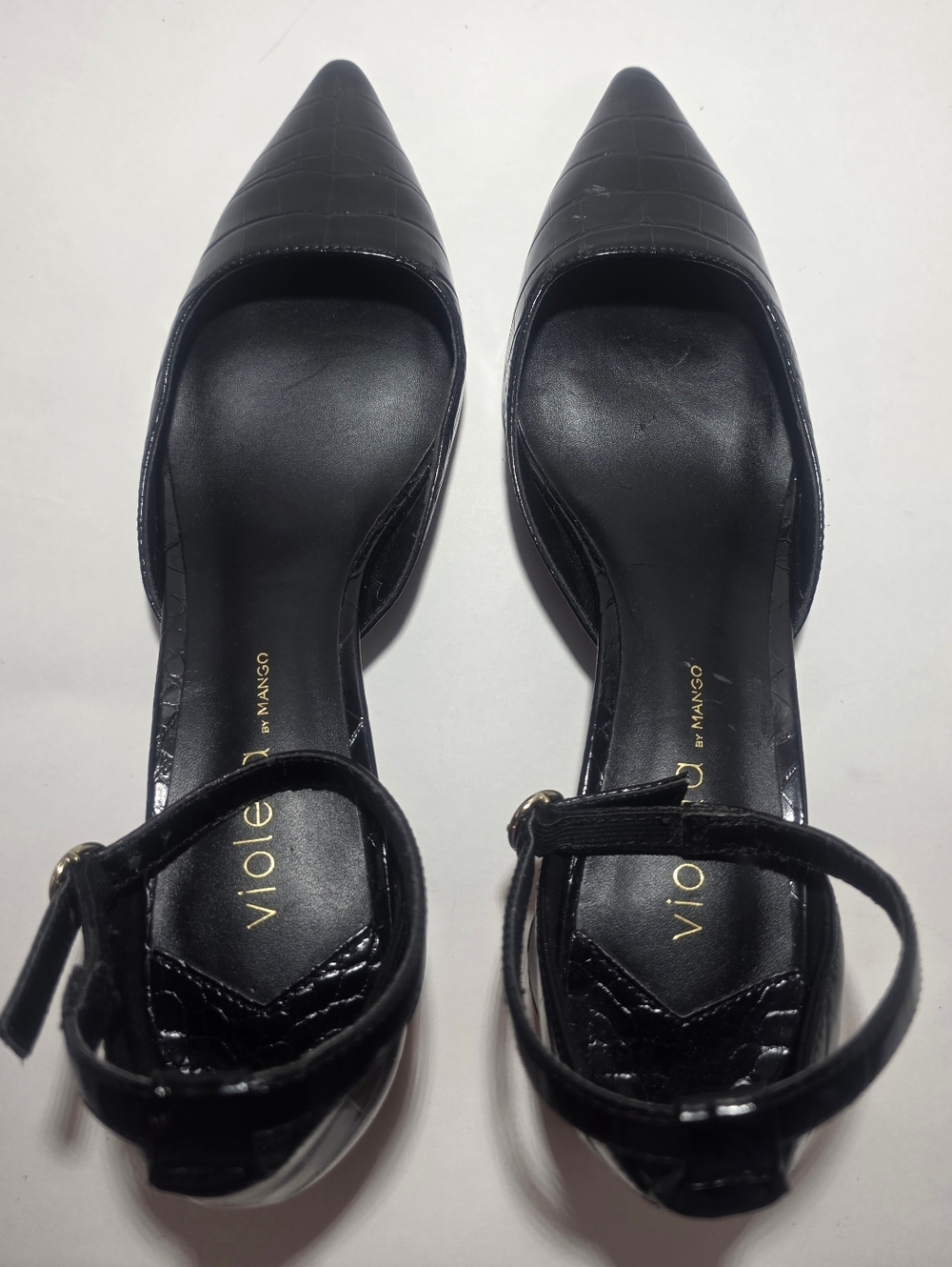 Violeta by Mango Black Croc Embossed Pointed Toe Heels Ankle Strap EU 40 US 9